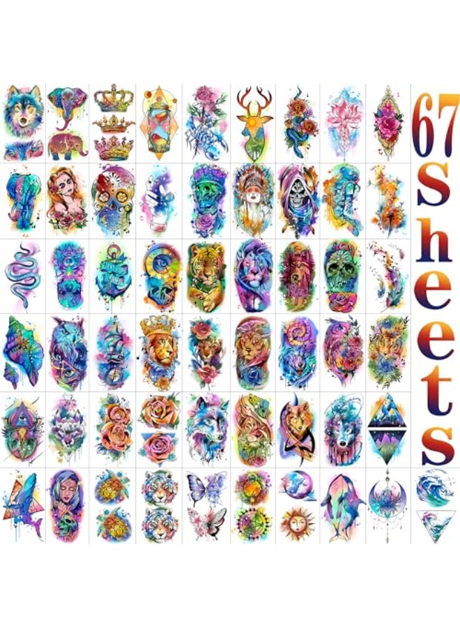 COKTAK 67 Sheets Watercolor Rose Flower Temporary Tattoos For Women Girls 12 Sheets Colorful Arm Sleeve Tattoos For Adults Floral Snake Tiger 53 Sheets Groovy Small Semi Permanent Fake Tattoos Kids - Image 3