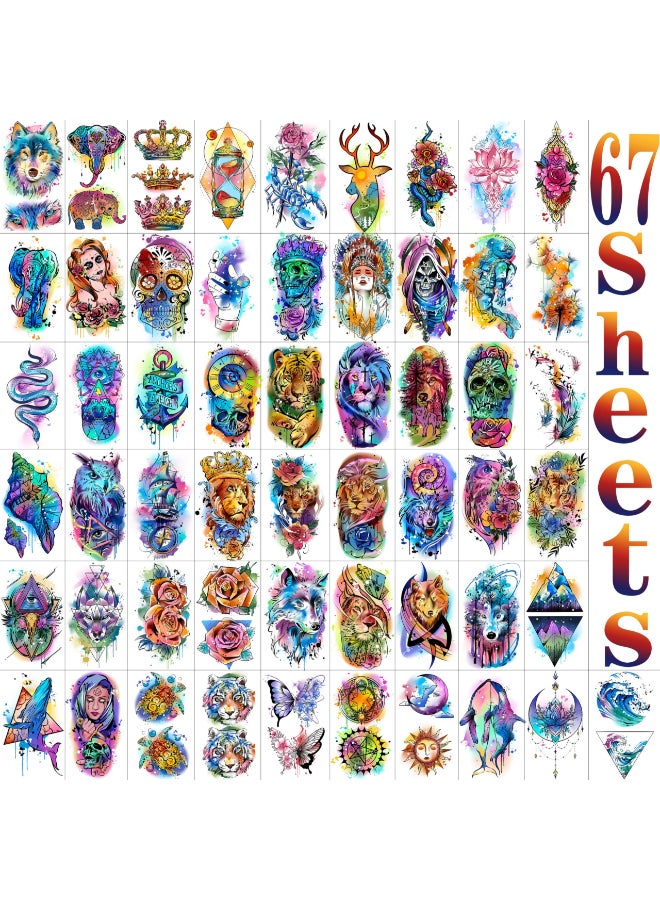 COKTAK 67 Sheets Watercolor Rose Flower Temporary Tattoos For Women Girls 12 Sheets Colorful Arm Sleeve Tattoos For Adults Floral Snake Tiger 53 Sheets Groovy Small Semi Permanent Fake Tattoos Kids - Image 4