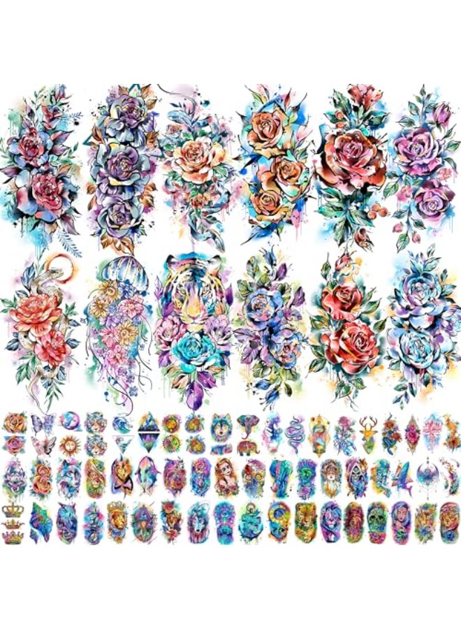 COKTAK 67 Sheets Watercolor Rose Flower Temporary Tattoos For Women Girls 12 Sheets Colorful Arm Sleeve Tattoos For Adults Floral Snake Tiger 53 Sheets Groovy Small Semi Permanent Fake Tattoos Kids - Image 1