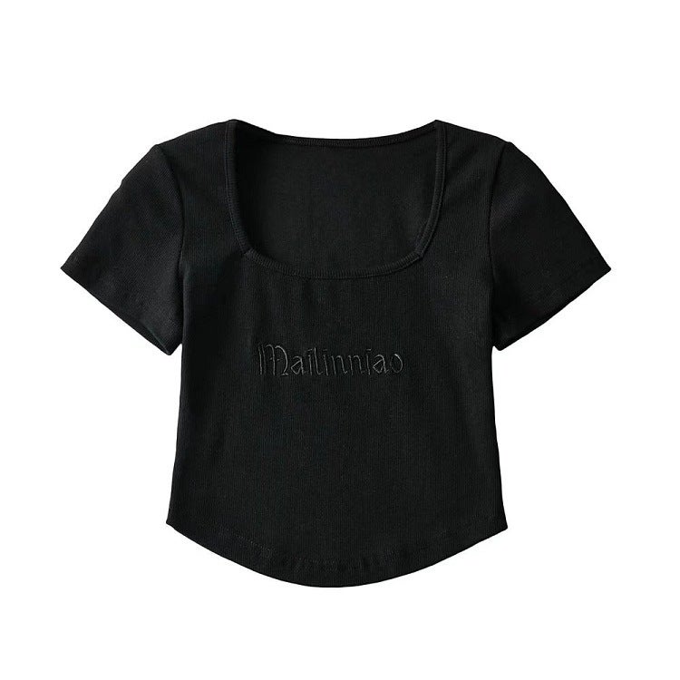 YPFF New Summer Fashion Retro Letter Embroidered Pullover Short Sleeve Square Neck Slim Fit Navel Women's T-shirt - Image 1