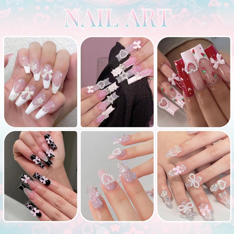 BELLEBOOST Coquette 3D Nail Charms Design Set - White Pink Nail Bows + Pearl Heart Star Moon Jewels + 3D Flowers and Pearls, With Picker Tools - Image 5
