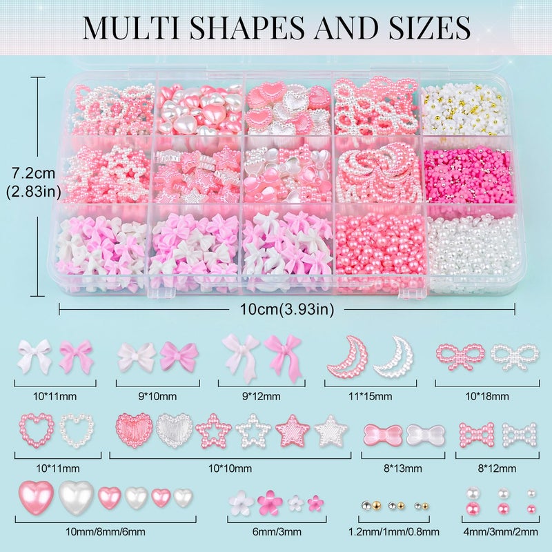 BELLEBOOST Coquette 3D Nail Charms Design Set - White Pink Nail Bows + Pearl Heart Star Moon Jewels + 3D Flowers and Pearls, With Picker Tools - Image 2