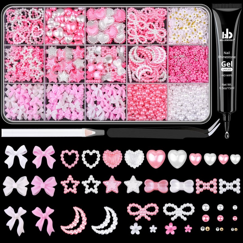 BELLEBOOST Coquette 3D Nail Charms Design Set - White Pink Nail Bows + Pearl Heart Star Moon Jewels + 3D Flowers and Pearls, With Picker Tools - Image 1