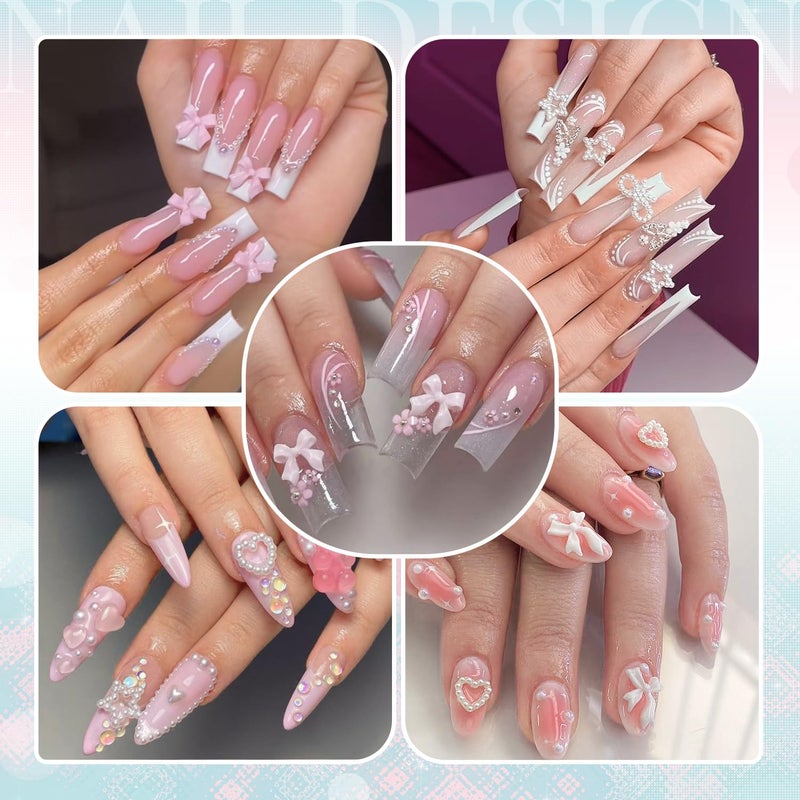 BELLEBOOST Coquette 3D Nail Charms Design Set - White Pink Nail Bows + Pearl Heart Star Moon Jewels + 3D Flowers and Pearls, With Picker Tools - Image 4