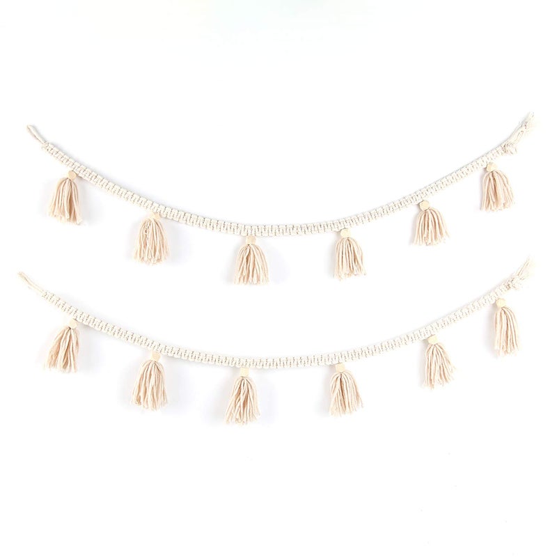 BlueMake BlueMake 2 Pack Macrame Woven Tassel Garland Belly Basket Decorative Wall Hangings for Boho Home DecorNursey Room Ivory 