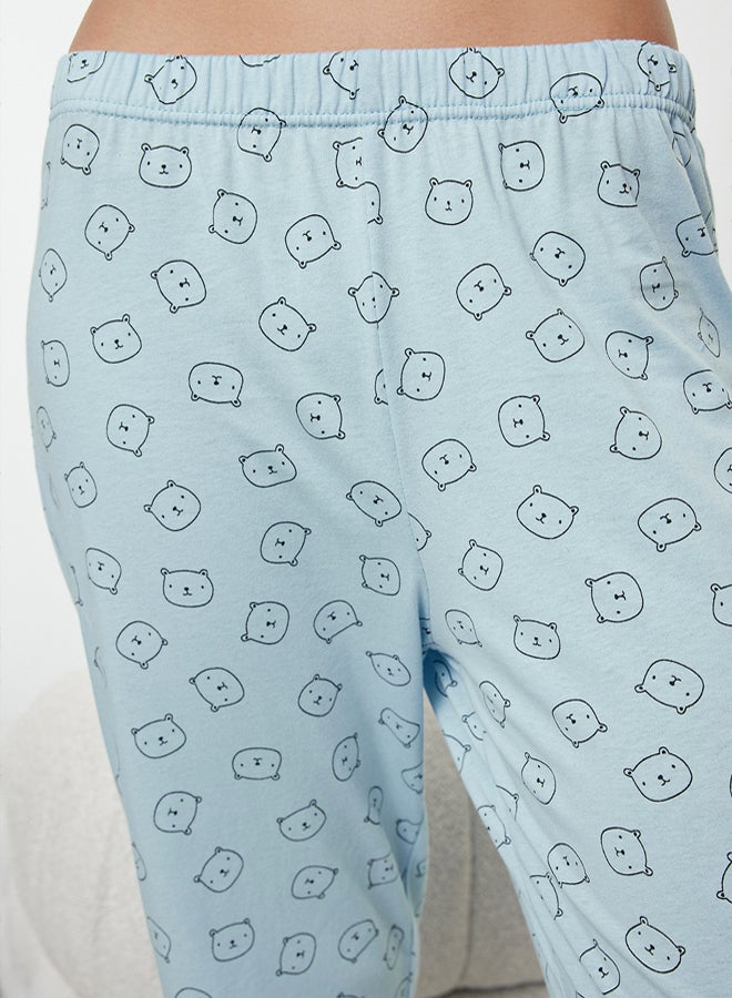 trendyol Blue 100% Cotton Teddy Bear Knitted Pajama Set THMAW25PT00131 - Image 4