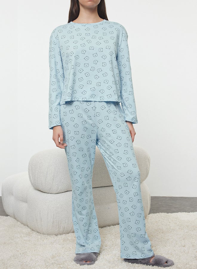 trendyol Blue 100% Cotton Teddy Bear Knitted Pajama Set THMAW25PT00131 - Image 3