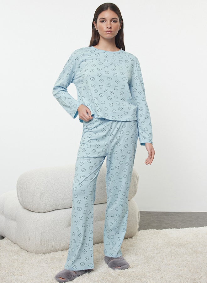 trendyol Blue 100% Cotton Teddy Bear Knitted Pajama Set THMAW25PT00131 - Image 1