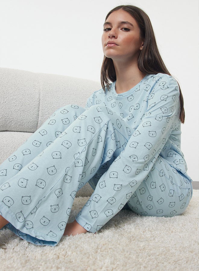 trendyol Blue 100% Cotton Teddy Bear Knitted Pajama Set THMAW25PT00131 - Image 2