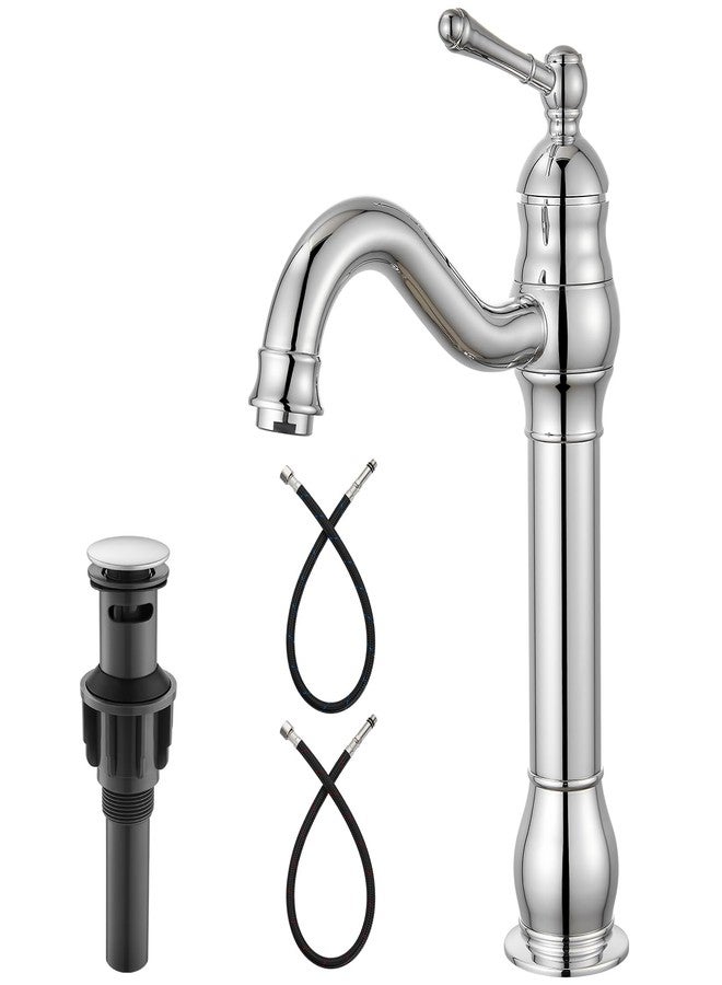 Heyalan Vessel Sink Faucet Tall Bathroom Faucet Single Handle 1 Hole High Spout with Drain Brass Material 360 Degree Adjustable Lavatory Vanity Mixer Tap,Straight Body,Polish Chrome - Image 1