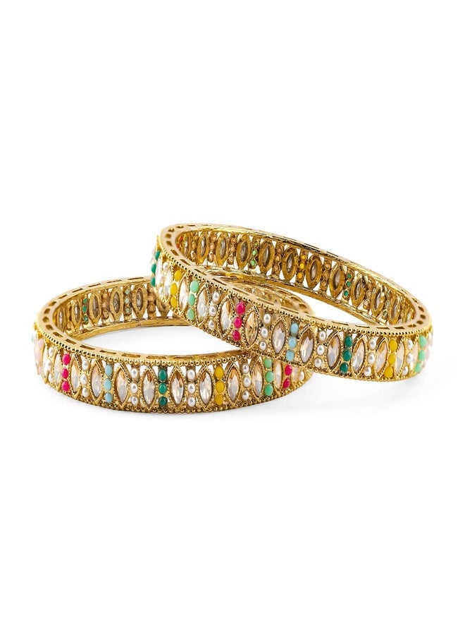 Rubans Set of 2 22K Gold Plated Multicolour Kundan Pearl Bangles Traditional Wedding Jewellery for Women & Girls - Image 1
