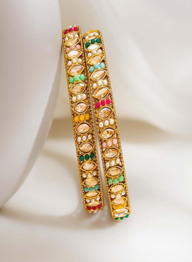 Rubans Set of 2 22K Gold Plated Multicolour Kundan Pearl Bangles Traditional Wedding Jewellery for Women & Girls - Image 3
