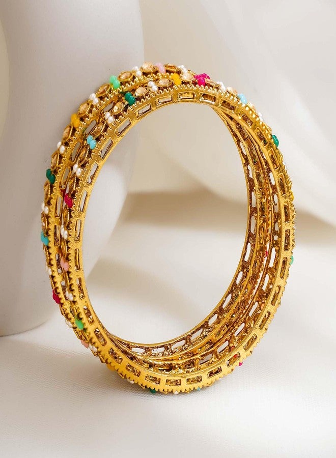 Rubans Set of 2 22K Gold Plated Multicolour Kundan Pearl Bangles Traditional Wedding Jewellery for Women & Girls - Image 5