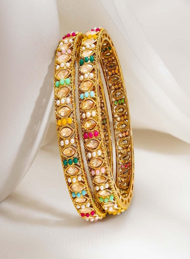 Rubans Set of 2 22K Gold Plated Multicolour Kundan Pearl Bangles Traditional Wedding Jewellery for Women & Girls - Image 4
