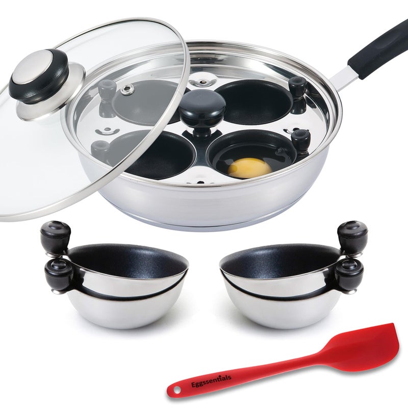 Eggssentials Eggssentials Egg Poacher Pan Nonstick Poached Egg Maker Stainless Steel Egg Poaching Pan Poached Eggs Cooker Food Grade Safe PFOA Free with Spatula 