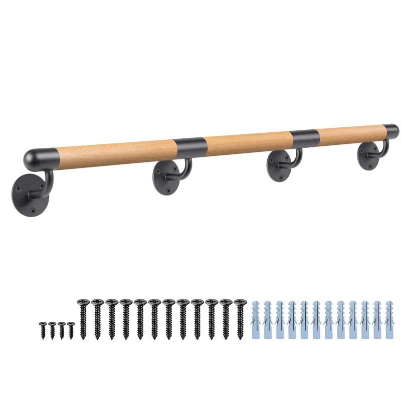 Dolibest Dolibest Wall Mounted Wooden Handrails, Wood Handrails for Indoor Stairs, Staircase Steps Handrail Bar, Non-Slip and Comfortable Grip Handrail, 4 Durable Metal Support (120inch Long, 1 1/2'' Diameter)  - Image 1
