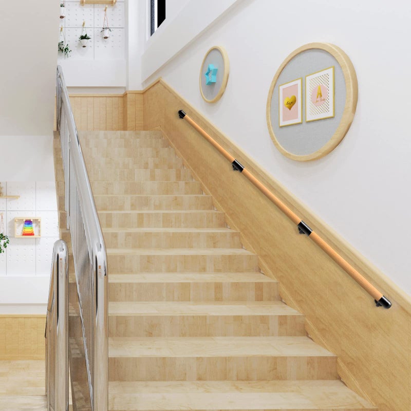Dolibest Dolibest Wall Mounted Wooden Handrails, Wood Handrails for Indoor Stairs, Staircase Steps Handrail Bar, Non-Slip and Comfortable Grip Handrail, 4 Durable Metal Support (120inch Long, 1 1/2'' Diameter)  - Image 2