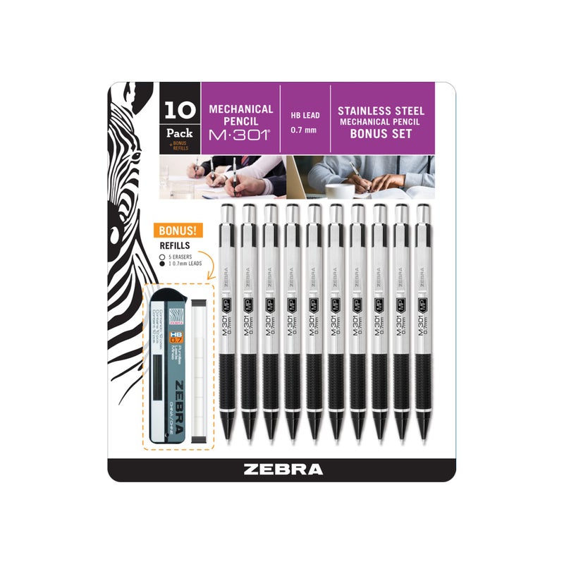 Zebra Pen M301 Mechanical Pencil 07mm Point Stainless Steel Barrel Textured Grip Smooth Writing Performance Refillable STEEL Series 10Count 54319 - Image 2