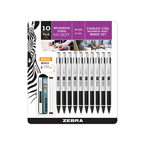 Zebra Pen M301 Mechanical Pencil 07mm Point Stainless Steel Barrel Textured Grip Smooth Writing Performance Refillable STEEL Series 10Count 54319 - Image 1