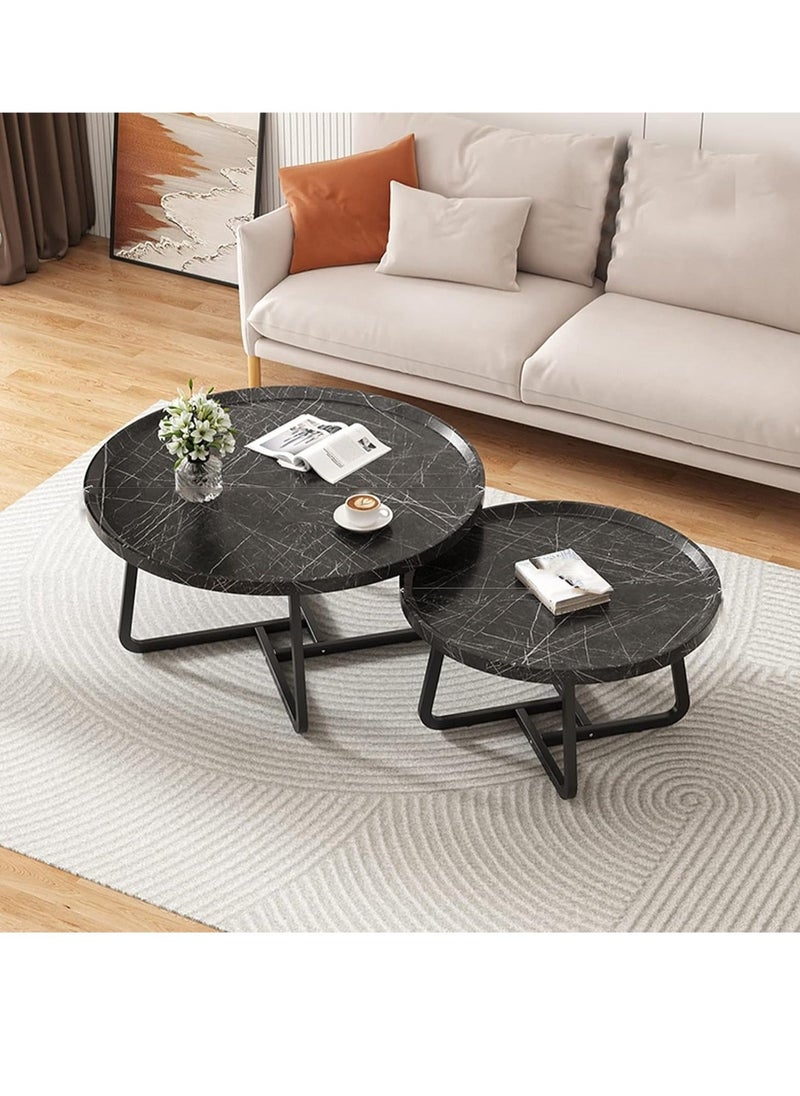 DUSALA - Round End Table Set of 2 Industrial Side Table Nesting Set with Rustic Wood Raised Tray Top Edge and Metal Leg Sofa Tables Coffee Table for Living Room Bedroom Farmhouse Hotel Small Space Waln - Image 1