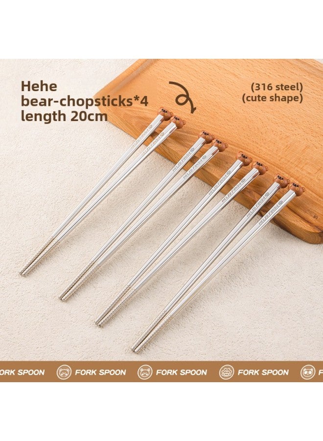 Children's Creative Fork Spoon 304 Stainless Steel Short Handle Cartoon Tableware Household Baby Dining Portable Tableware Suit-Specifications:No Specifications-Color:Hehe Bear Chopsticks * 4 - Image 1
