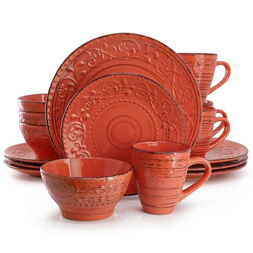 Elama Malibu Jasper 16-Piece Stoneware Embossed Pattern Reactive Glaze Orange Dinnerware Set, Tableware, Serveware Set (Jasper Orange) - Image 1