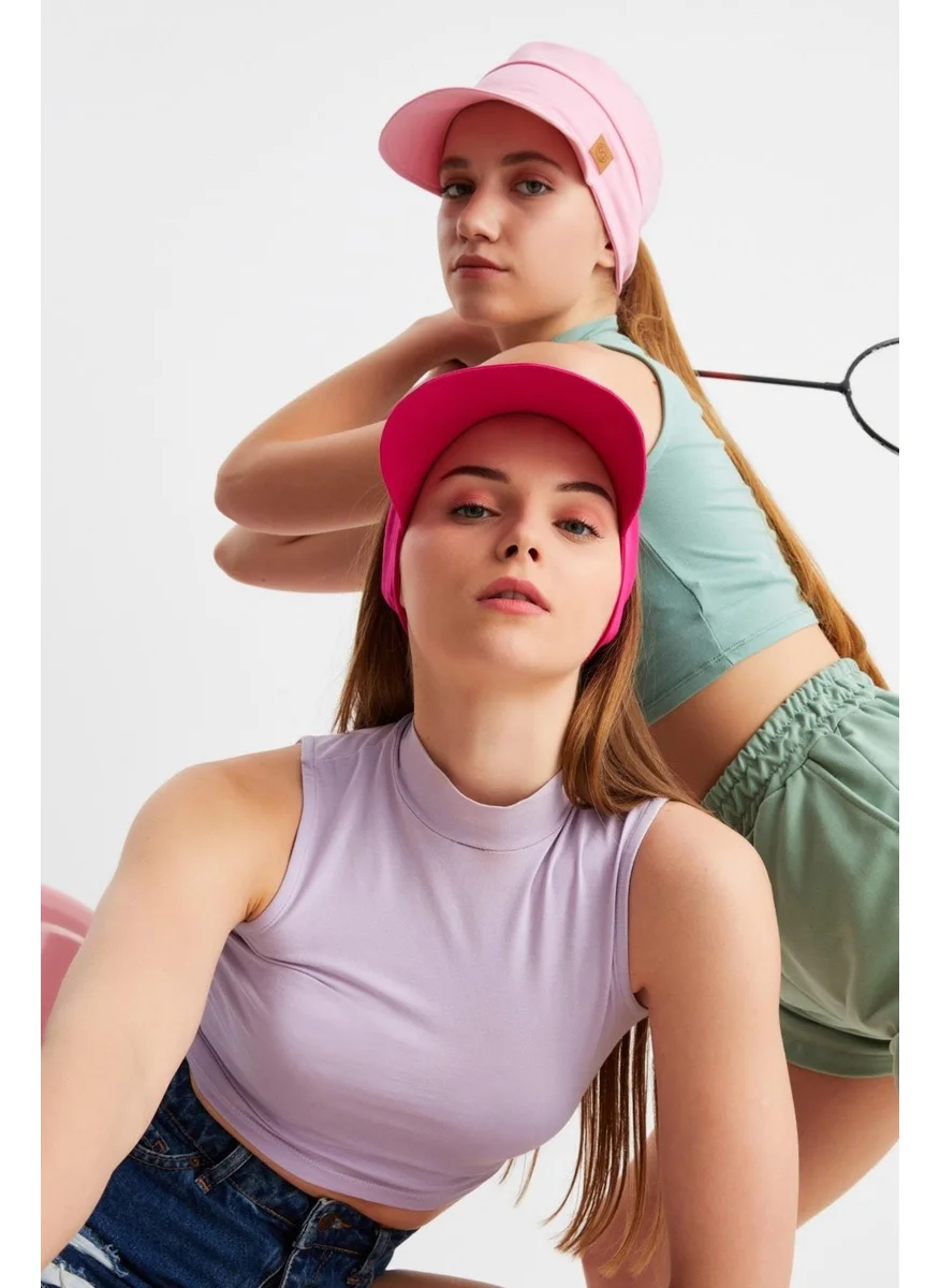 Butikgiz Pink - Fuchsia UV Protected Folding Open Top Soft Brim 100% Cotton Combed Tennis Visor Hat Set of 2