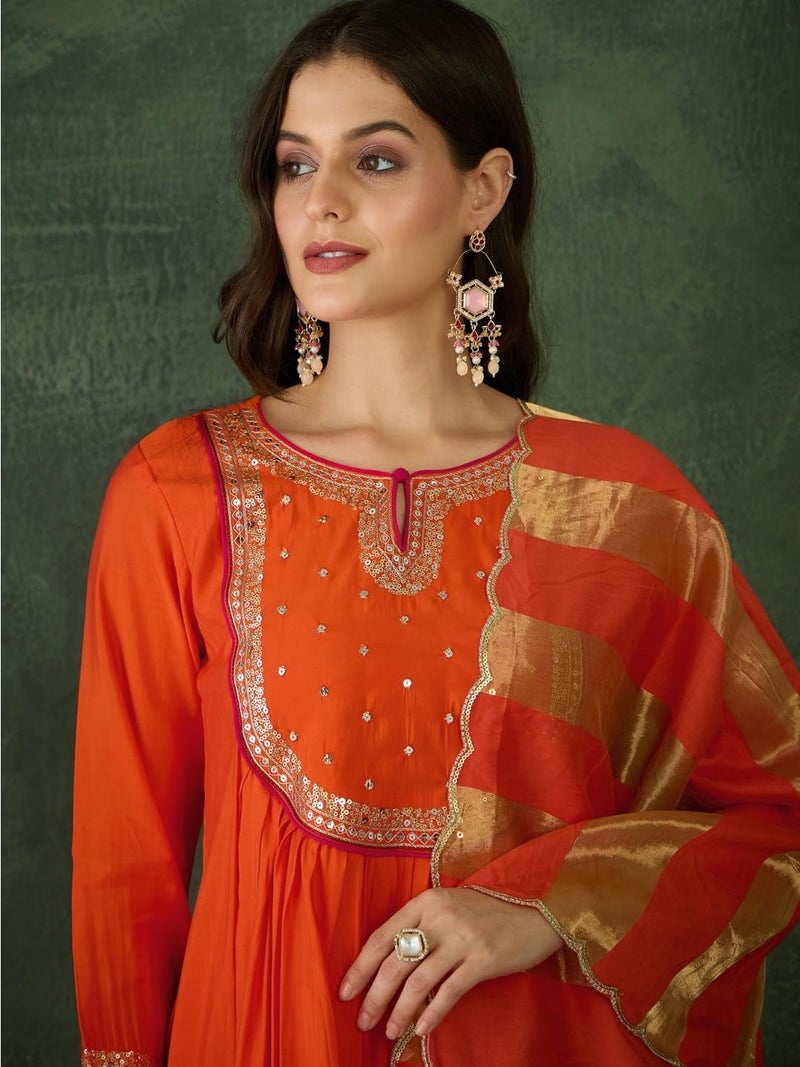 Naixa Women's Chanderi Embroidered Flared Kurta with Pant and Dupatta Sets for Wedding Party and Festival Wear (NX-762-Rust-L) - Image 5