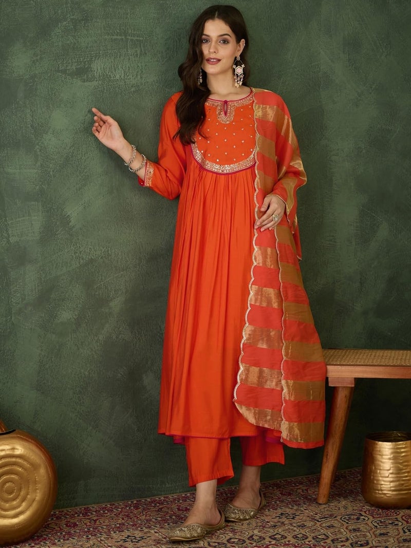 Naixa Women's Chanderi Embroidered Flared Kurta with Pant and Dupatta Sets for Wedding Party and Festival Wear (NX-762-Rust-L) - Image 2