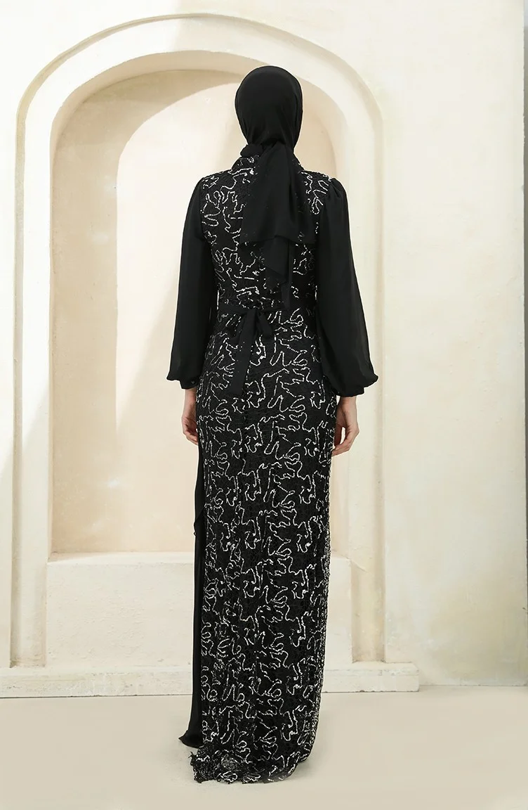Sefa Merve Sequined Chiffon Evening Dress 5516-07 Black Silver