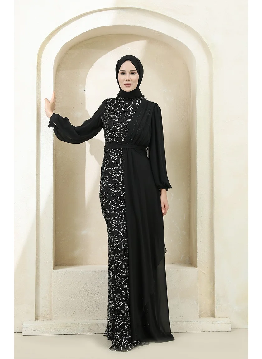 Sefa Merve Sequined Chiffon Evening Dress 5516-07 Black Silver