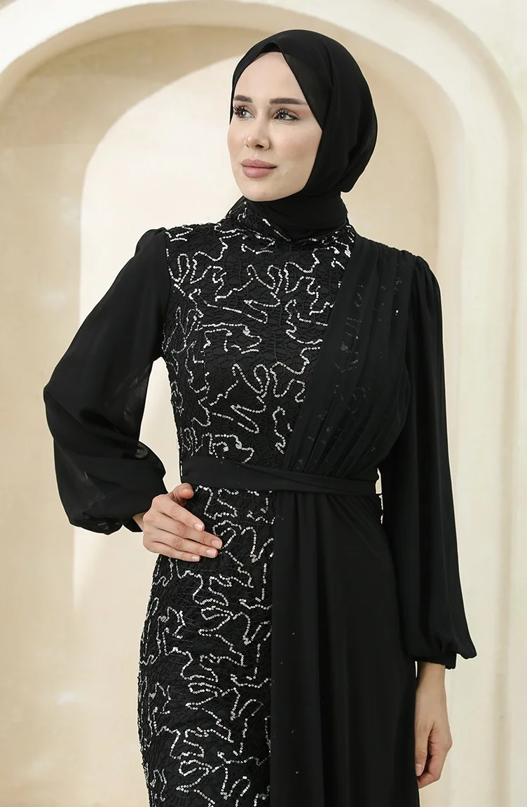 Sefa Merve Sequined Chiffon Evening Dress 5516-07 Black Silver