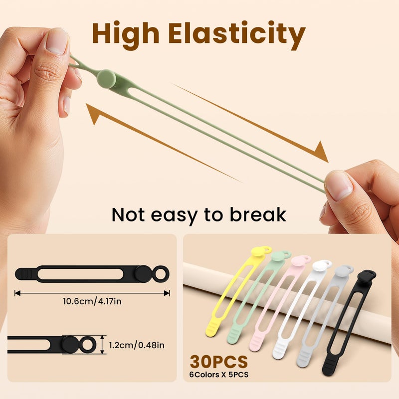 awrose 30 Pcs Silicone Cable Ties, Reusable Data Cable Organizer Wire Organizers for Office, Multipurpose Elastic Cord Wraps Cable Management for Charging Cord,Appliances,Home,Office,Kitchen,School,Travel - Image 2