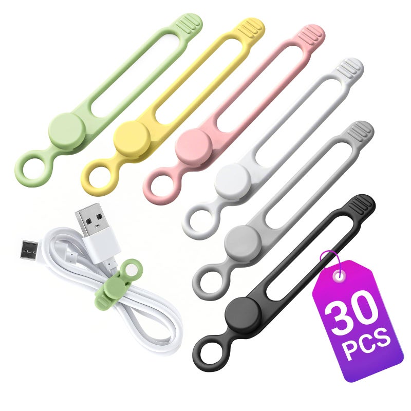 awrose 30 Pcs Silicone Cable Ties, Reusable Data Cable Organizer Wire Organizers for Office, Multipurpose Elastic Cord Wraps Cable Management for Charging Cord,Appliances,Home,Office,Kitchen,School,Travel - Image 1
