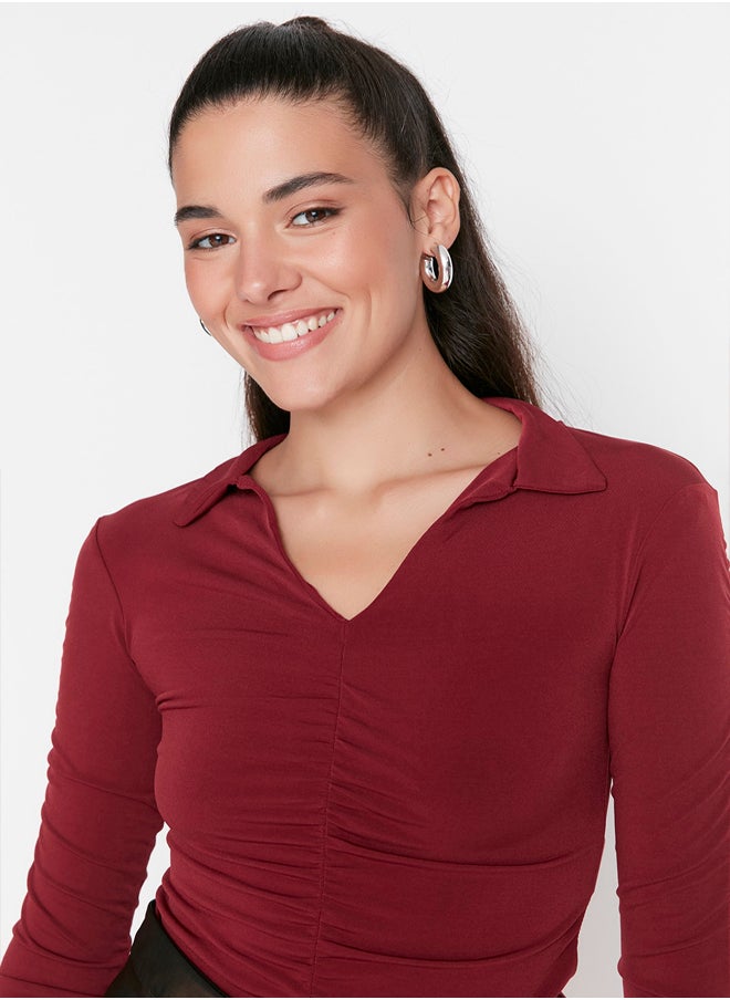 Burgundy Slim Pleated Polo Neck Stretchy Knitted Blouse TWOAW23BZ00249 - pzsku/Z9D7255370EDA00DD384FZ/45/_/1739718358/cfdba086-d082-4a7f-a057-43811e960c0f