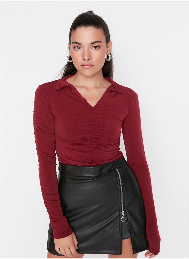 Burgundy Slim Pleated Polo Neck Stretchy Knitted Blouse TWOAW23BZ00249 - pzsku/Z9D7255370EDA00DD384FZ/45/_/1739718361/2113bdce-85d9-4d3b-bcec-21f751de55ff