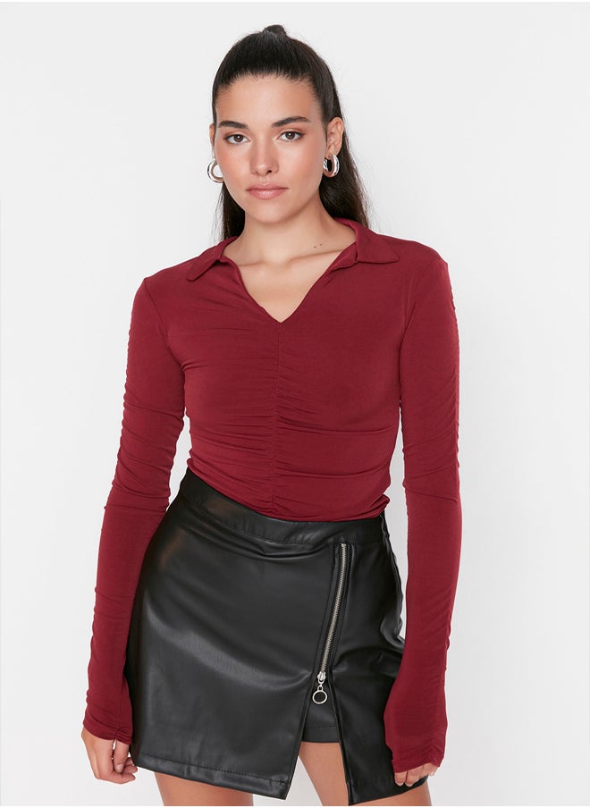 Burgundy Slim Pleated Polo Neck Stretchy Knitted Blouse TWOAW23BZ00249 - pzsku/Z9D7255370EDA00DD384FZ/45/_/1739718366/4e1c6b2b-f31b-46f7-91b1-f60bbd40dca7