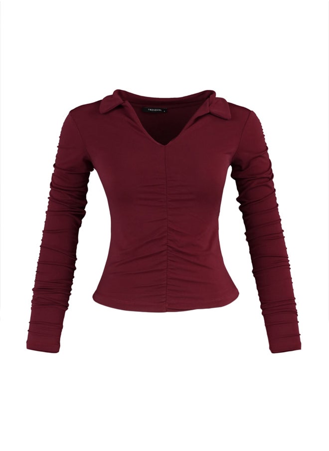 Burgundy Slim Pleated Polo Neck Stretchy Knitted Blouse TWOAW23BZ00249 - pzsku/Z9D7255370EDA00DD384FZ/45/_/1739718381/7869e23c-e43f-4721-b79d-2d1aed64f5a5