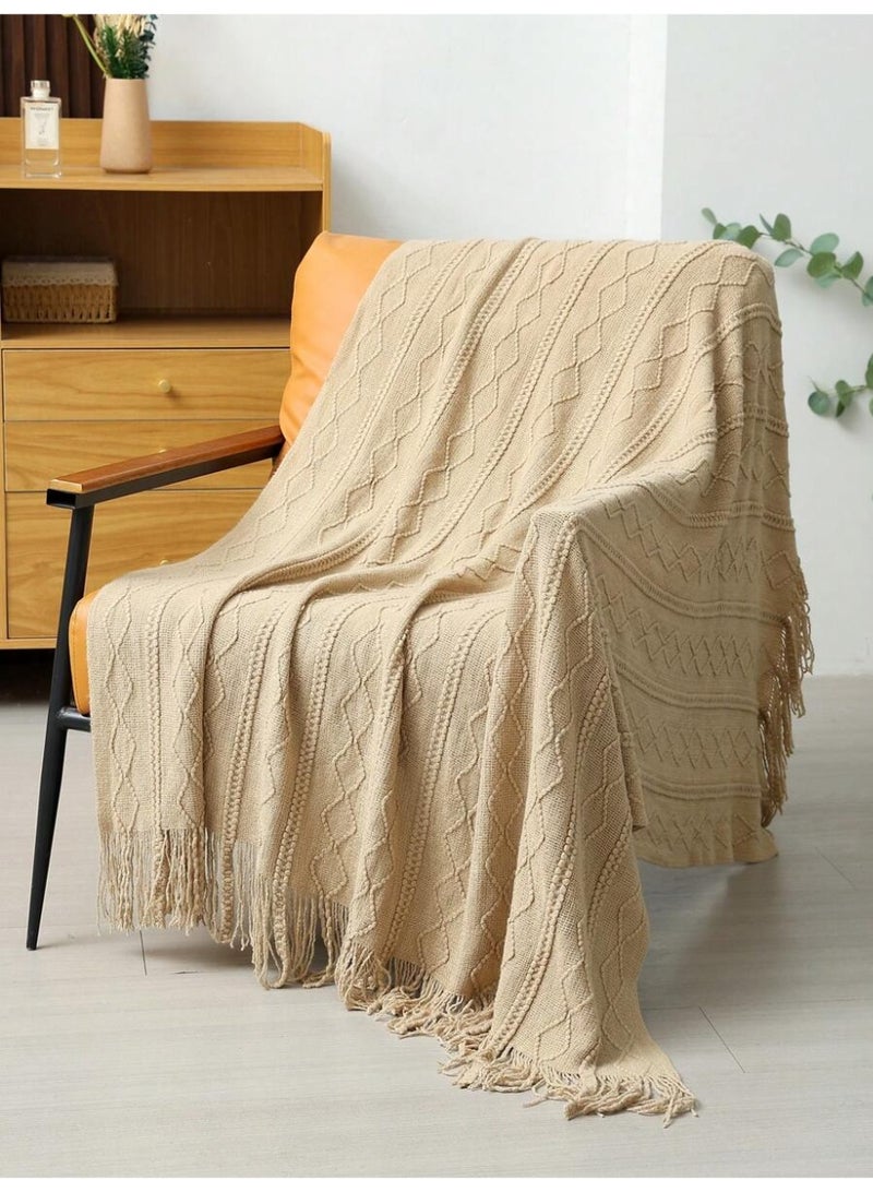Zyfana Tassel Design Soft Blanket Keep Warm Acrylic Khaki 127 x 172cm - Image 2