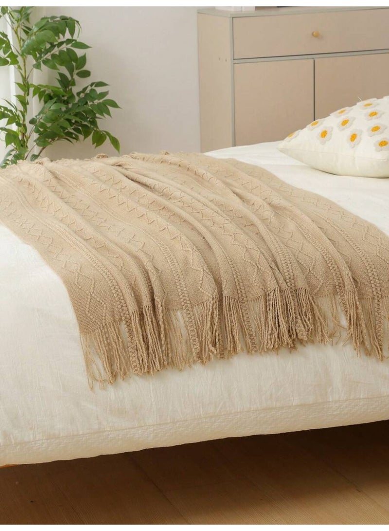 Zyfana Tassel Design Soft Blanket Keep Warm Acrylic Khaki 127 x 172cm - Image 4