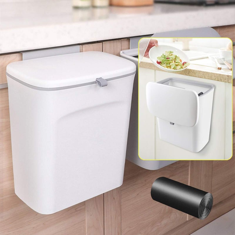 AYADA Hanging Trash Can with Lid, 2.37 Gallon Capacity, White, Polypropylene Material, Ideal for Kitchen Cabinet Doors - Image 1