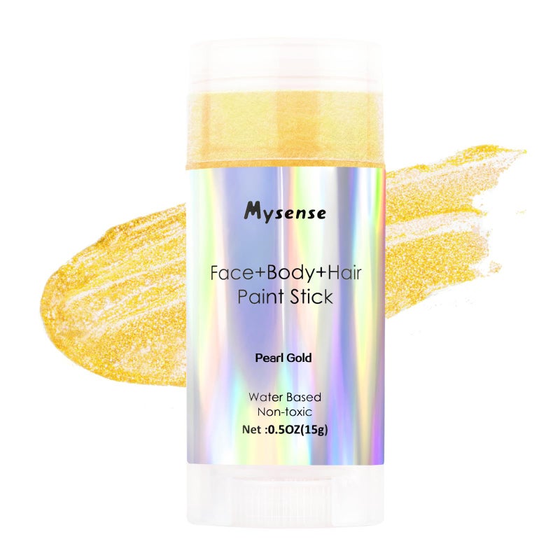 Mysense Pearl Gold Face Body Hair Paint Stick,Water Based Washable Temporary Hair Color,Non-toxic Cream Blendable Metallic Gold Face Painting for Halloween Costumes Cosplay Makeup,0.5oz - Image 1