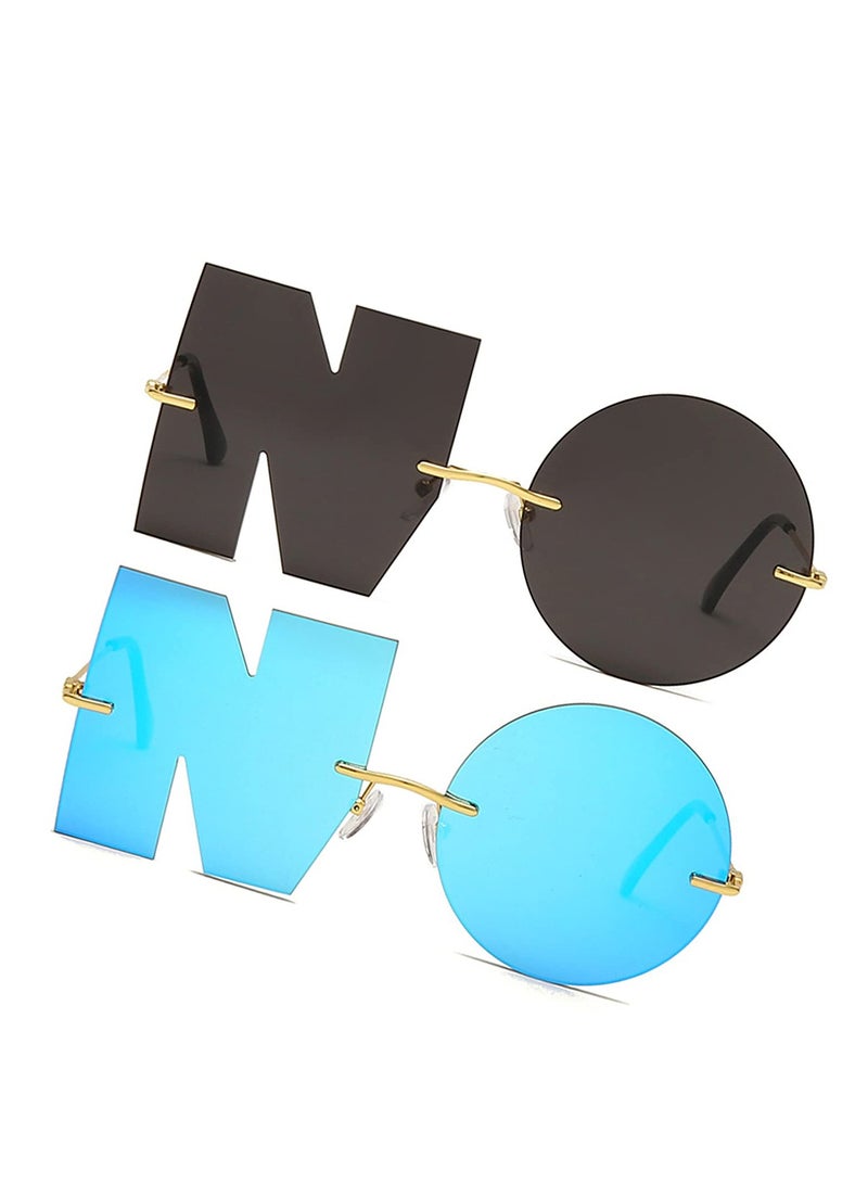SYOSI 2PCS Letter No Party Rimless Irregular Design Sunglasses, Funny Sunglasses, Unique UV Protection Sunglasses Eyewears for Women Men, Beach Party Gifts (Black, Blue) - Image 1