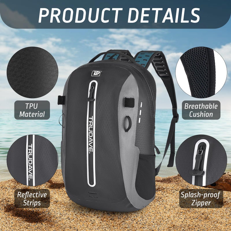 Trudave Waterproof Backpack, Waterproof Submersible Backpack, Floating TPU Coated Dry Bag with Airtight Zipper for Kayak, Fishing, Boating, Hiking, Black (20L) - Image 4