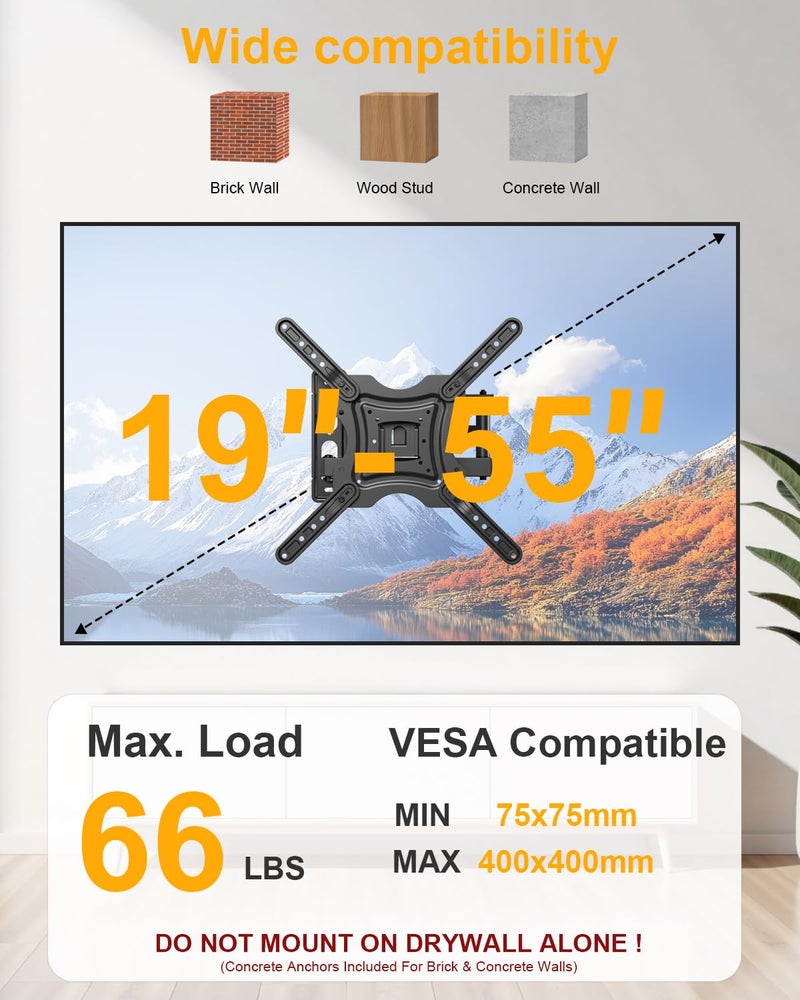 XVCAS Full Motion TV Wall Mount,vesa Monitor Mount Tv Brackets for 19-55 Inch LED LCD Flat Curved Screen TVs/Monitors,Universal Mount with Swivel and Tilt,Max VESA 400X400 mm, 66 lbs - Image 3