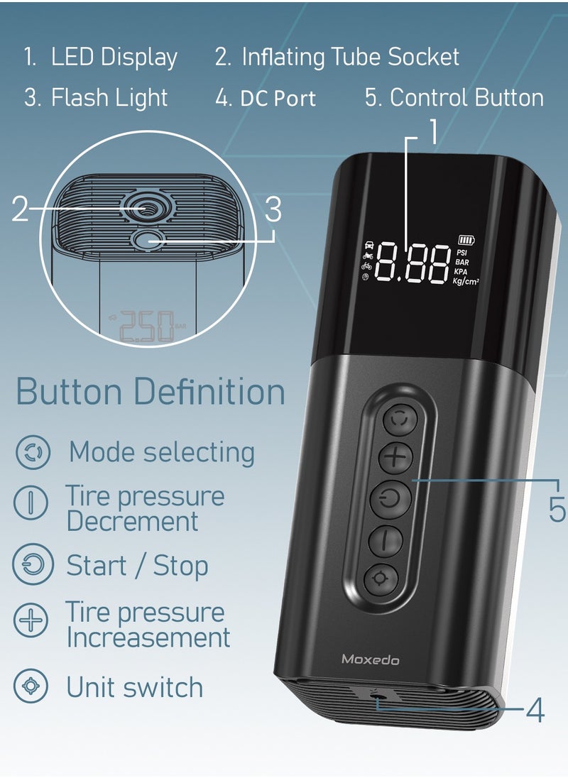 Moxedo Moxedo Air Dynamo Portable Multi-Function Air Pump High Pressure Electric Compressor Auto Shut Off 150 PSI 4 Air Nozzles with Built-in LED Flash Light  - Image 4