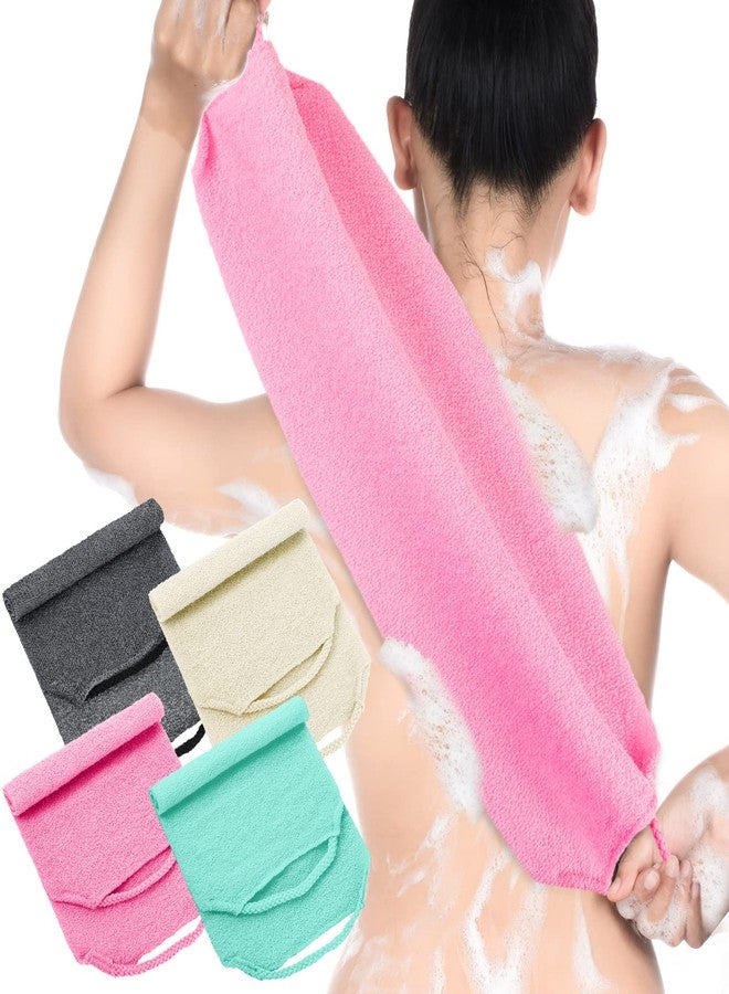 Moukeren Exfoliating Back Scrubber with Handles 4 Pack Nylon Back Exfoliator Extended Length Washers Scrubbers Stretchable Pull Strap Exfoliating Washcloth(Dark Blue, Gray, Beige, Pink) - Image 1