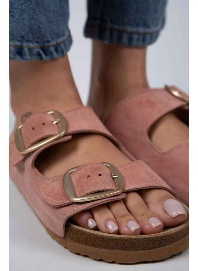 Irene Women's Genuine Leather Double Buckle Powder Pink - Gold Slippers - Pink