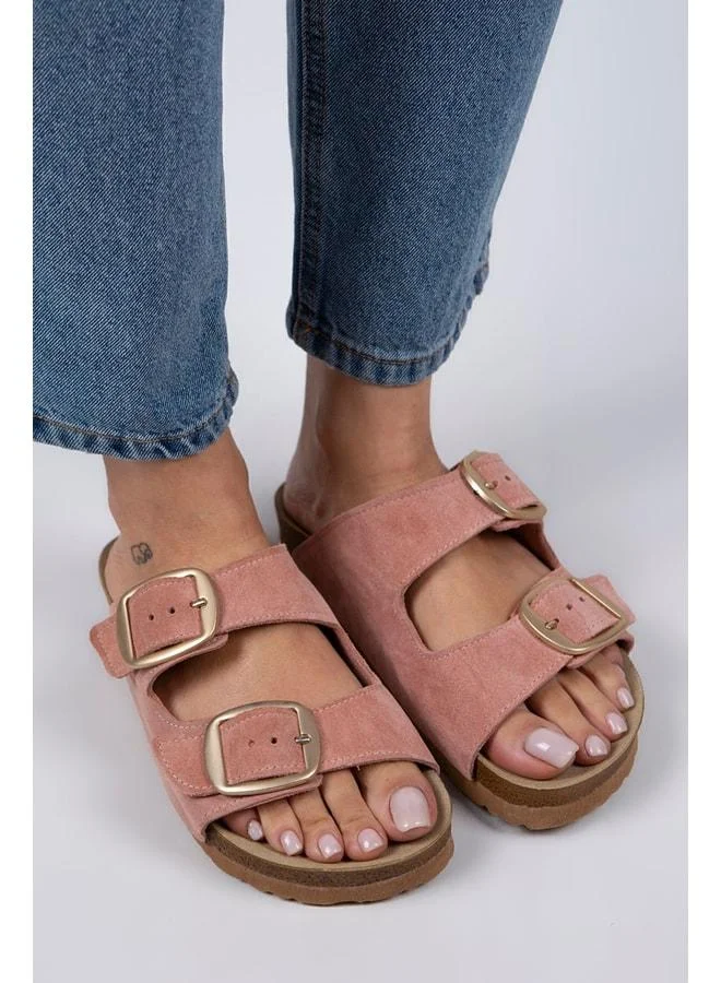 Manijero  Irene Women's Genuine Leather Double Buckle Powder Pink - Gold Slippers - Pink for Women | Best Price UAE