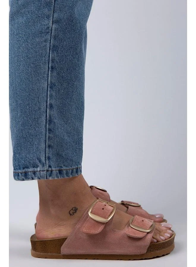 Manijero  Irene Women's Genuine Leather Double Buckle Powder Pink - Gold Slippers - Pink for Women | Best Price UAE